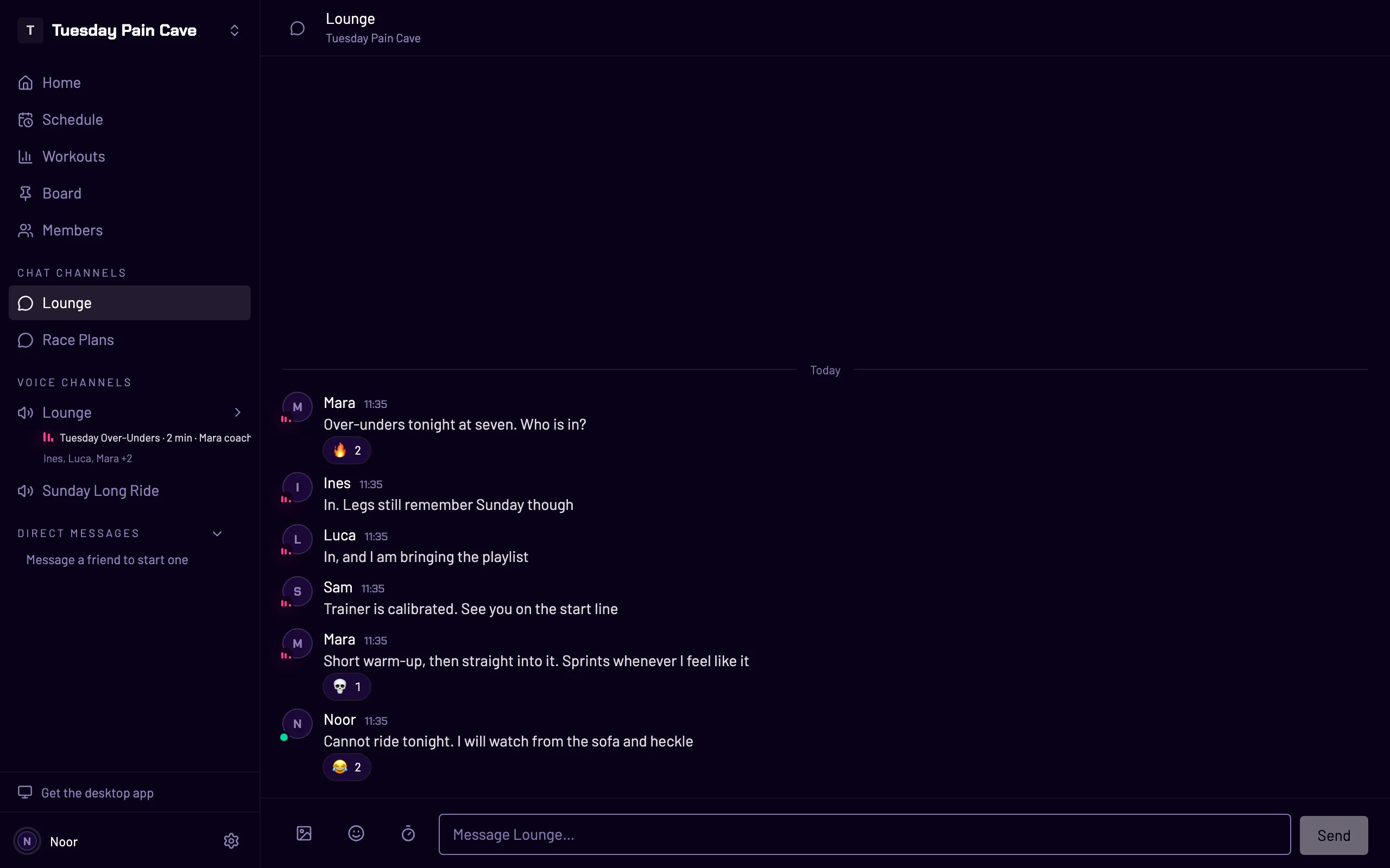 A WattRoom crew: the sidebar with its text and voice channels, and a text channel
