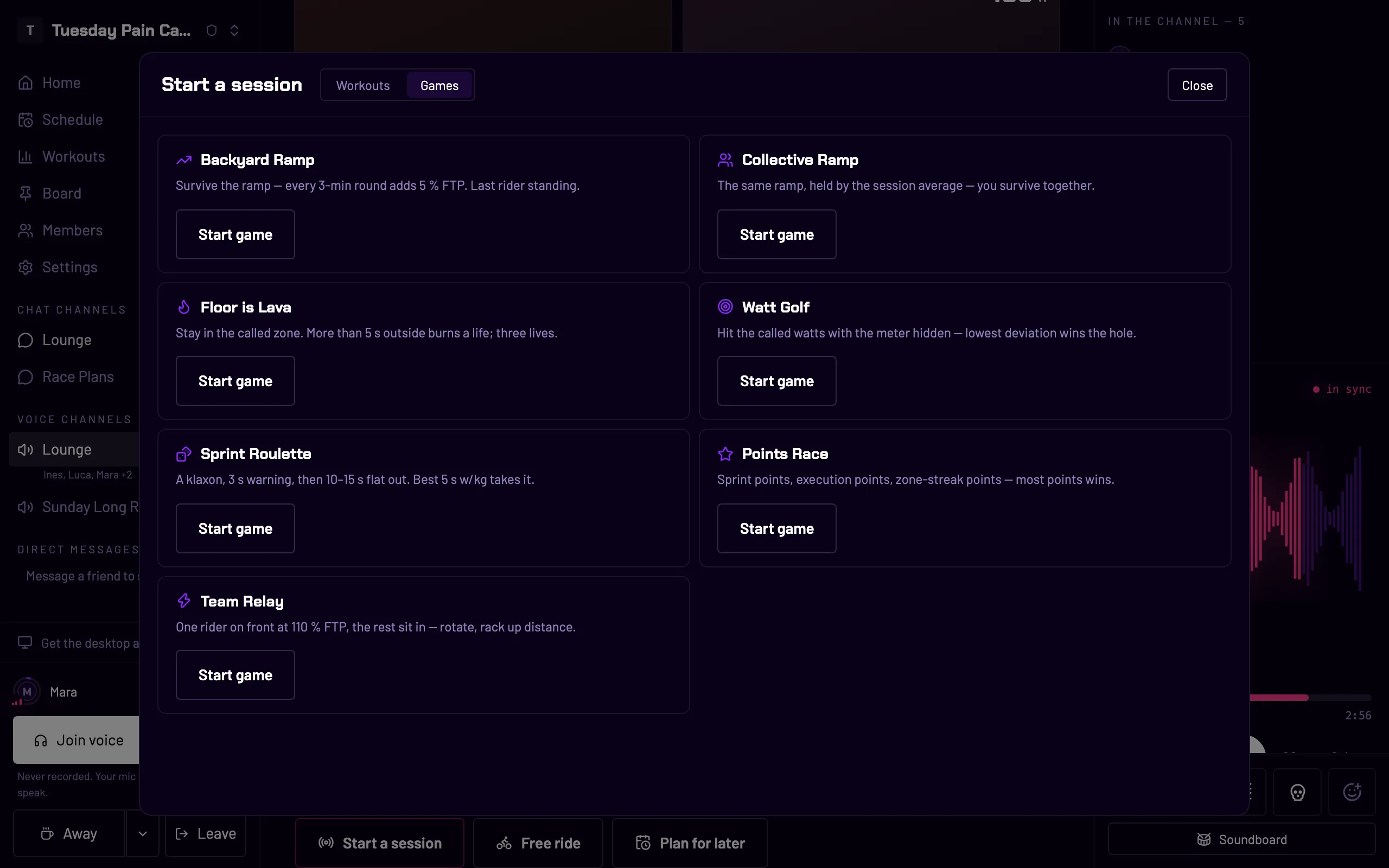 Starting a session in WattRoom: the Games tab lists all seven modes with their rules