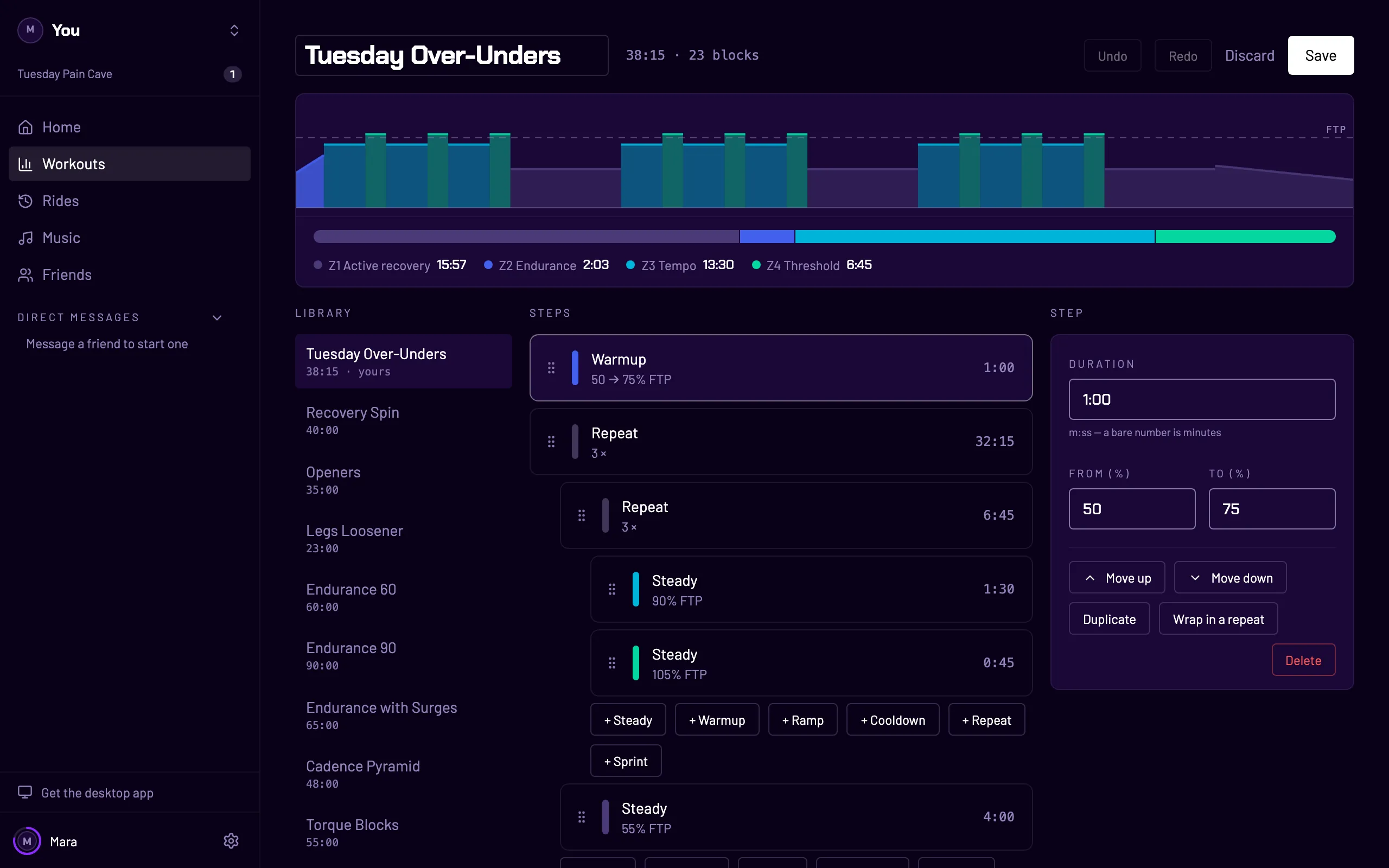 WattRoom’s workout editor: an interval chart coloured by power zone